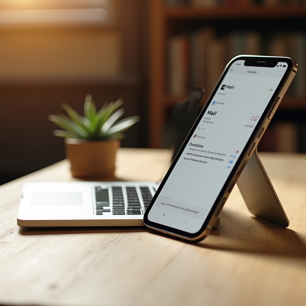 iPhone and MacBook side by side on a library desk, Apple Mail app visible on both screens, soft warm ambient light, scholarly setting with books visible in background