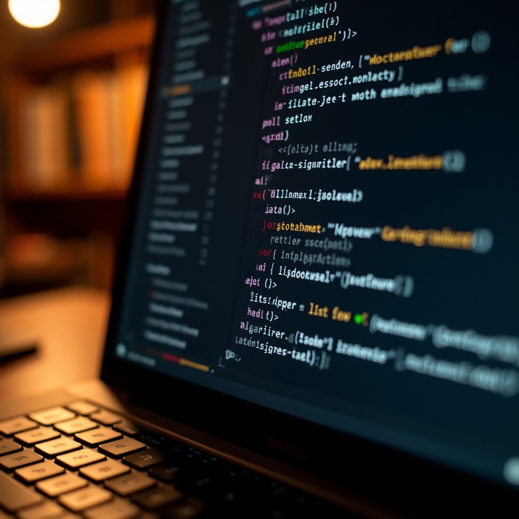 Close-up of a laptop screen showing DKIM email header with cryptographic signature text, shallow focus, warm ambient library light, academic setting