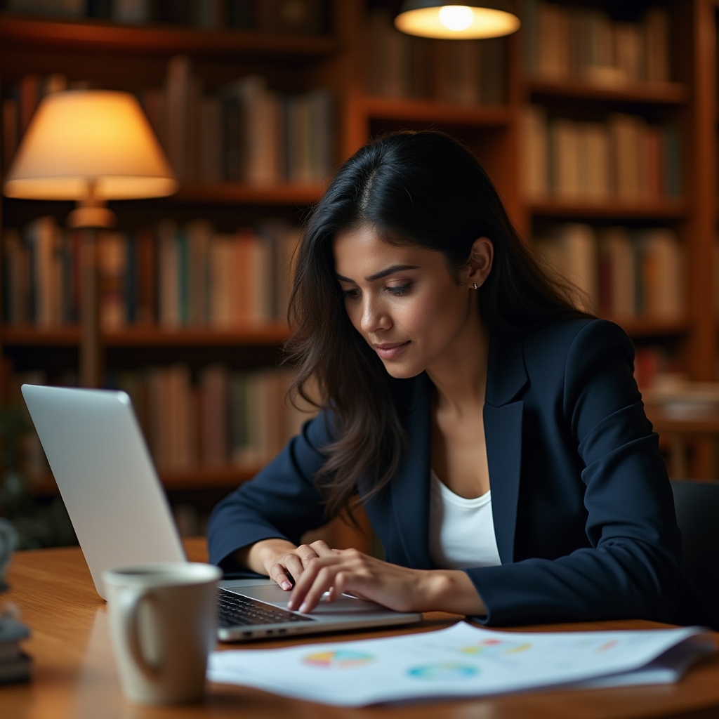 Person reviewing email deliverability data on a laptop in a warm library setting