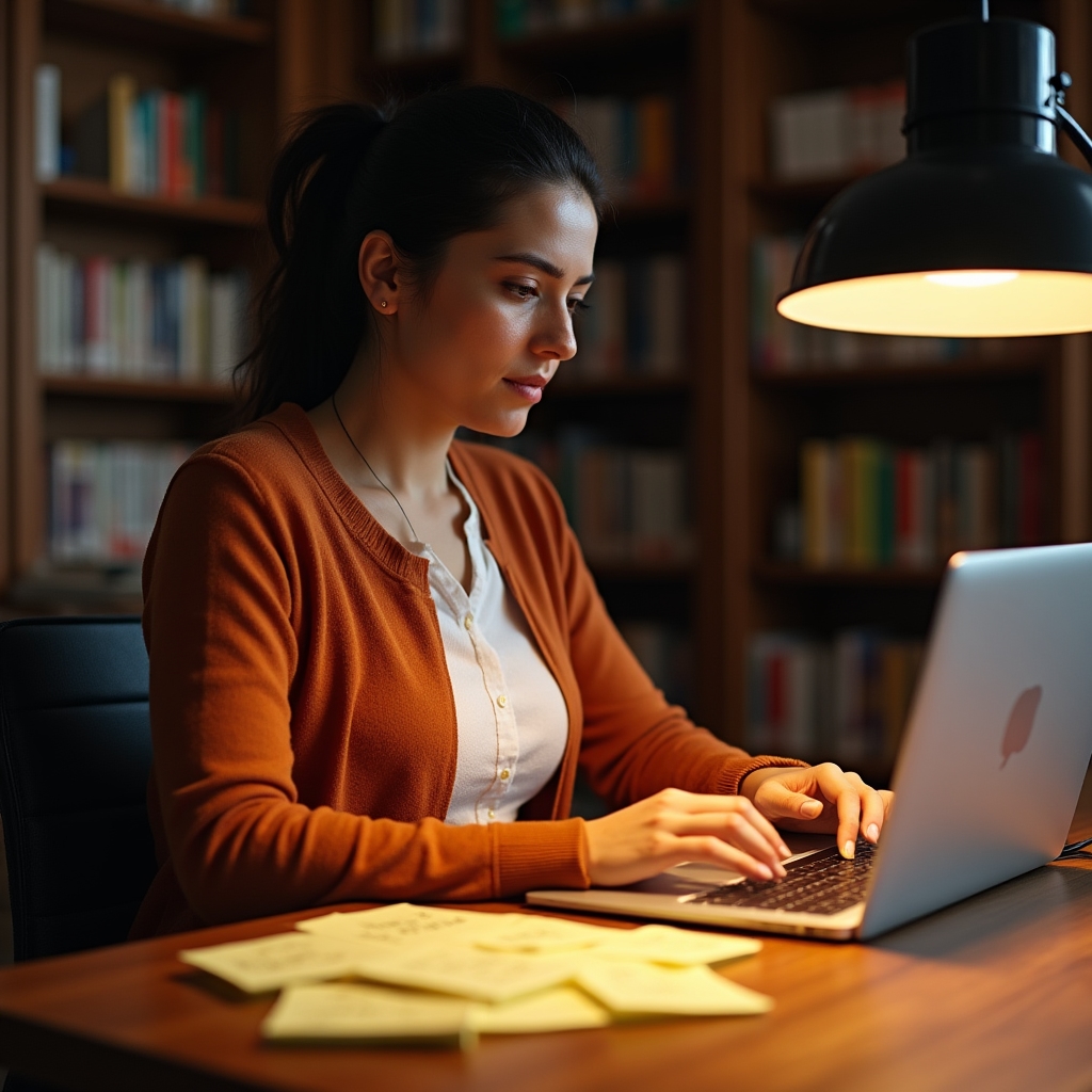 Person at a wooden desk using a laptop with spreadsheet visible, organizing contact list data, library shelves in background, focused expression, warm overhead lighting