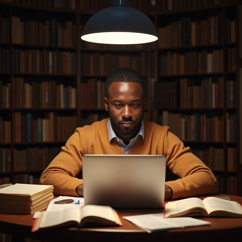 Researcher at a wooden library desk surrounded by books and open laptop, studying email systems