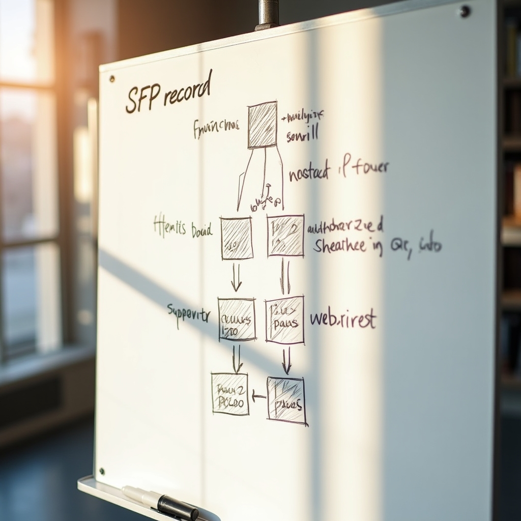 Whiteboard diagram showing SPF record structure with authorized sender IP addresses mapped to a domain, photographed in a sunlit academic workspace